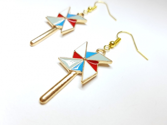 Preview: Windrad Ohrringe bunt goldfarben Windmühle